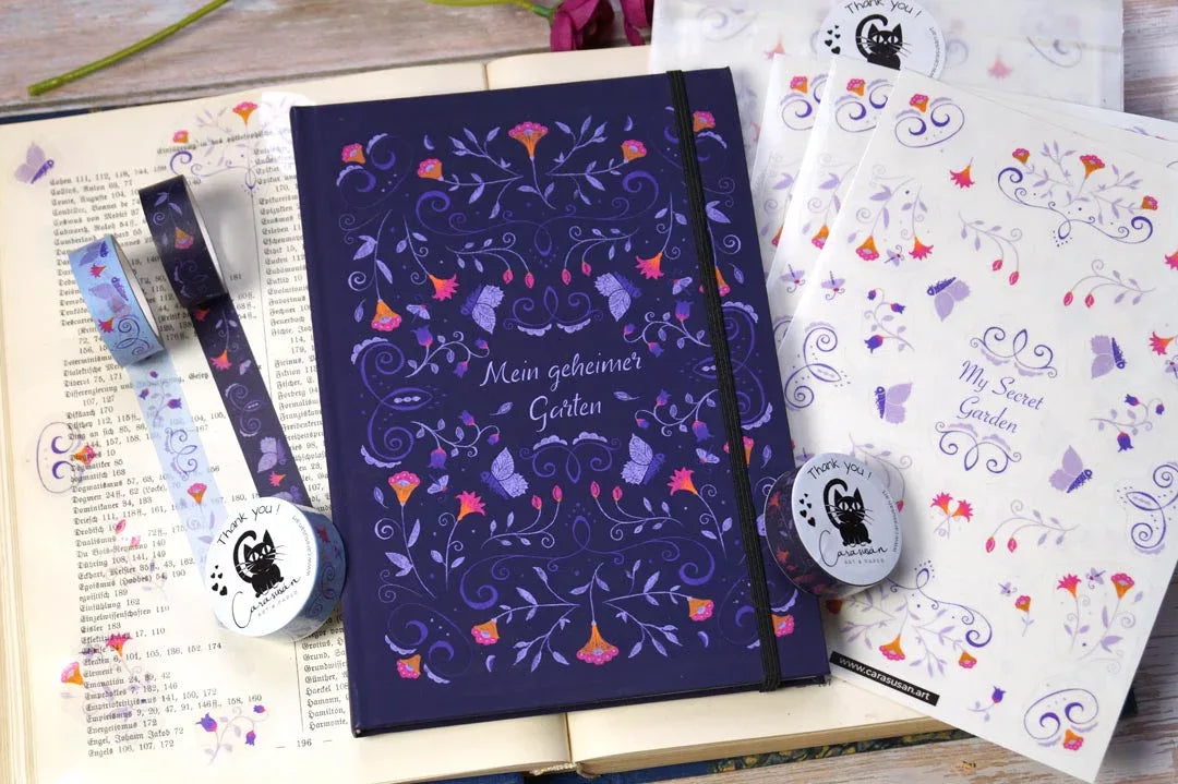 Journaling Set Romantische Blüten violett | Notizbuch mit Punktraster, 3 Stickerbogen, 2x Washi Tape | Boho Folklore Cottagecore Tagebuch - Carasusan