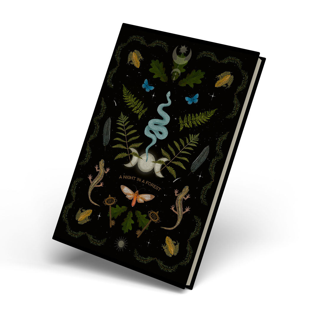 A dark forest-themed journal titled "A Night in a Forest" with intricate illustrations of a snake, ferns, butterflies, lizards, and other forest elements.