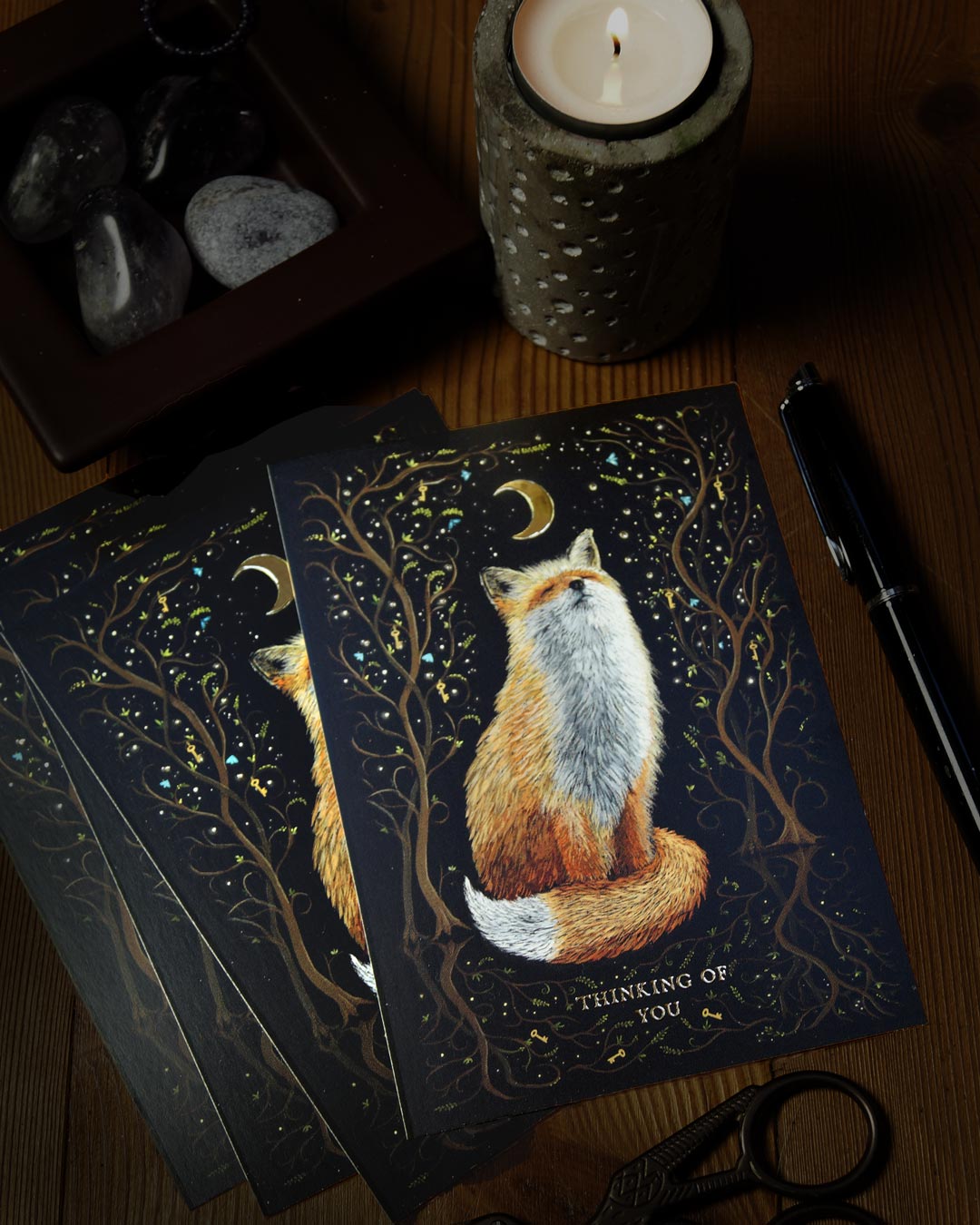 Postkarte Fuchs "Thinking of you" | Liebesgrüße mit Witchy Vibes | Goldfoliendruck