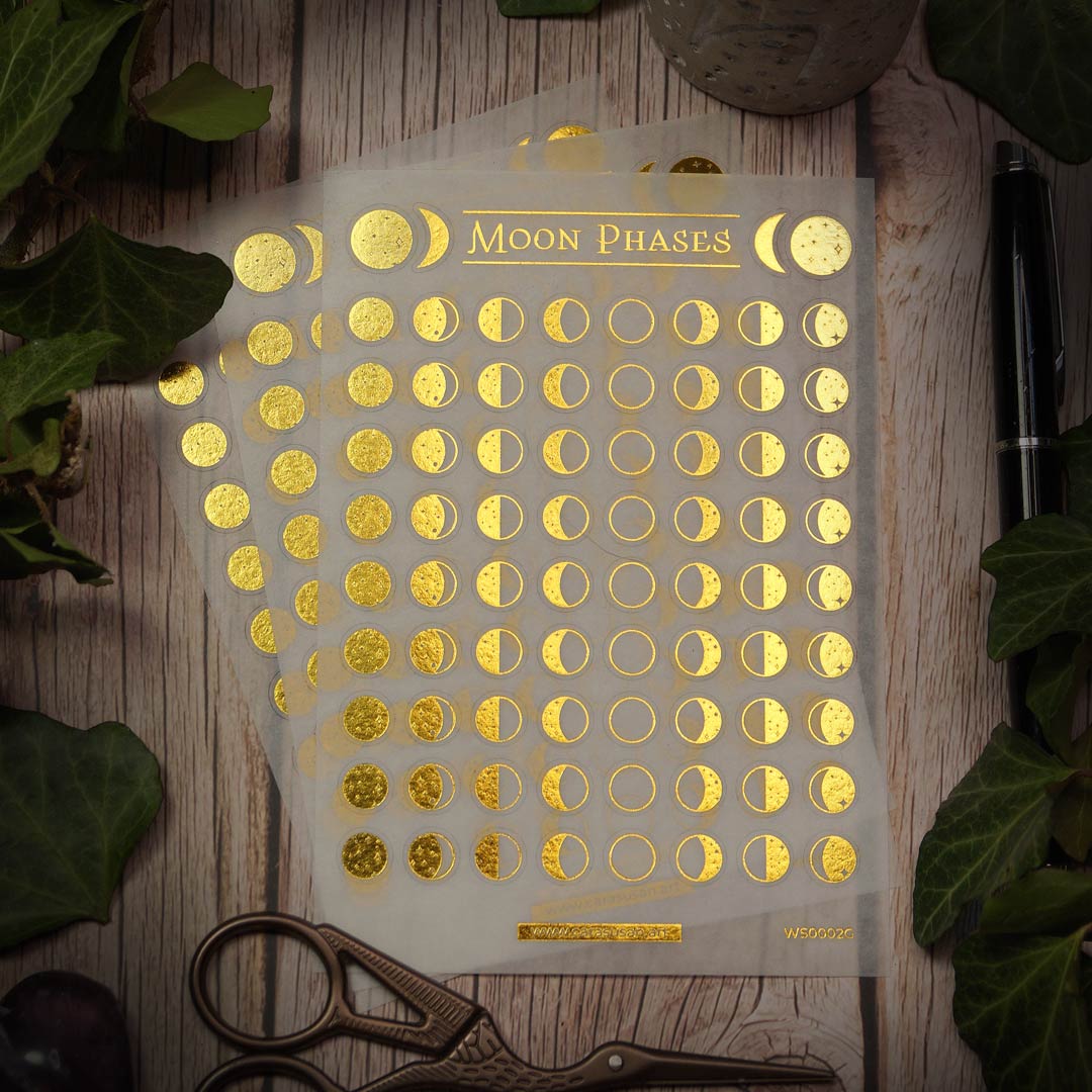 A6 sheet of Moon Phase Washi Stickers featuring 76 small, 8mm gold foil stickers on delicate, semi-transparent washi paper. Designed for journaling, planners, and moon rituals.