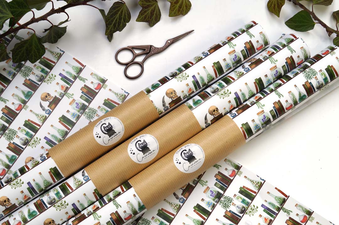 Apothecary Hexenregal Geschenkpapier – 50x70cm, 100gsm seidenmatt | Dark Academia Wrapping Paper