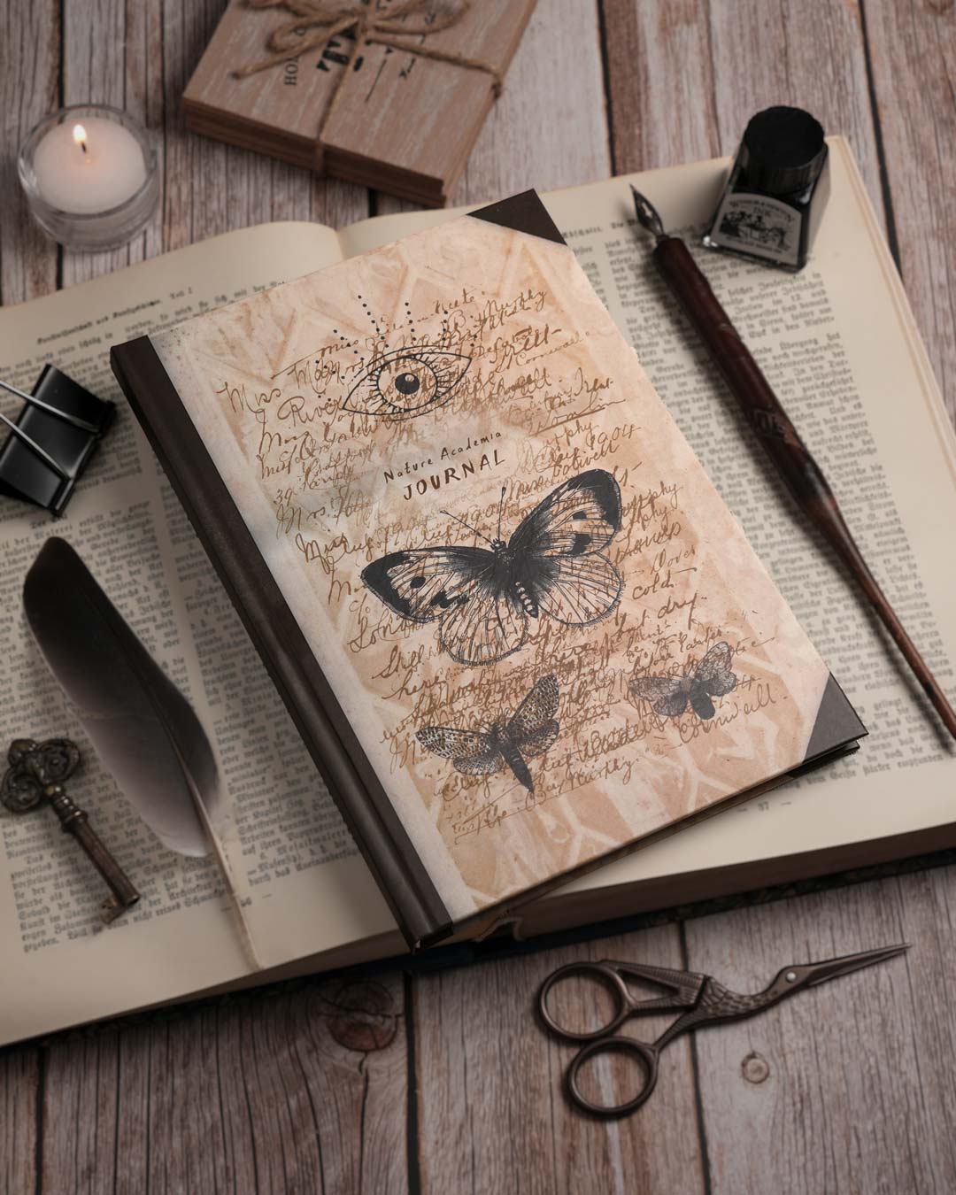 Dark Academia A5 hardcover journal with vintage butterfly and eye design, styled on antique books with a quill, pine cones, fern leaves and natural history inspired objects.