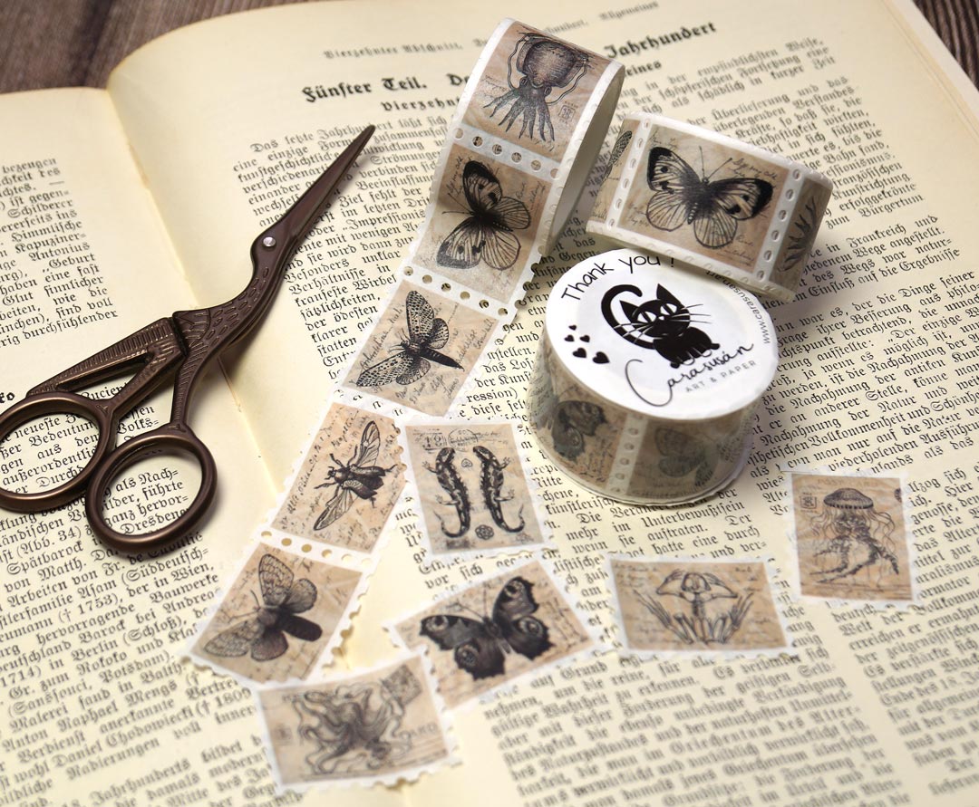 Washi Tape Stamps | Dark Academia Butterflies Vintage Illustrations | approx. 150 stickers for journaling, scrapbooking and decoration
