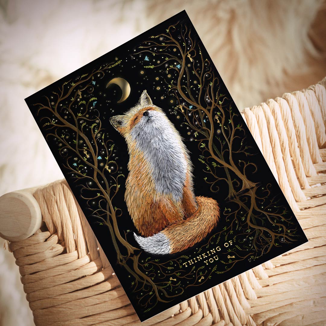 Postkarte Fuchs "Thinking of you" | Liebesgrüße mit Witchy Vibes | Goldfoliendruck