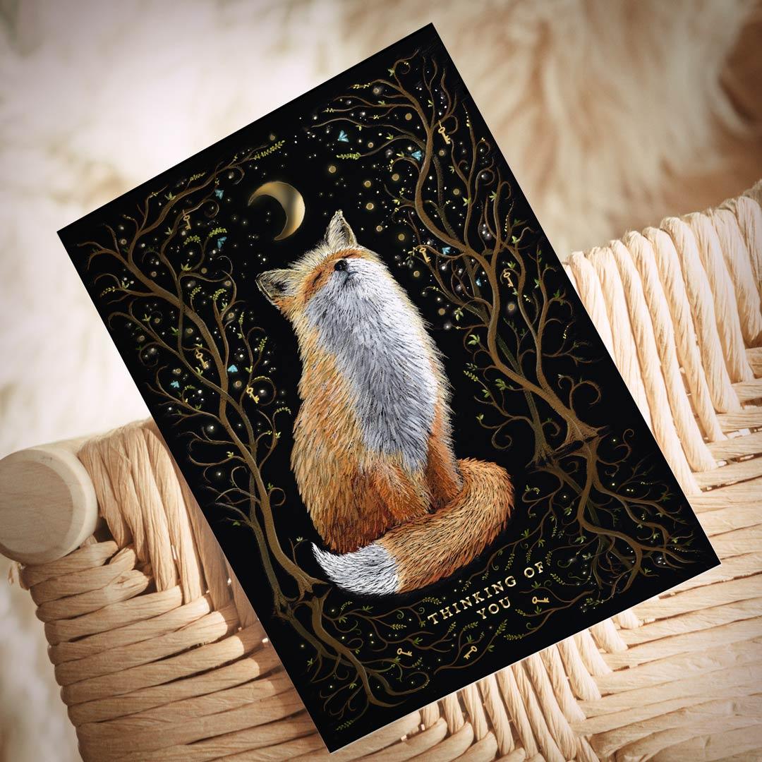 Postkarte Fuchs "Thinking of you" | Liebesgrüße mit Witchy Vibes | Goldfoliendruck - Carasusan