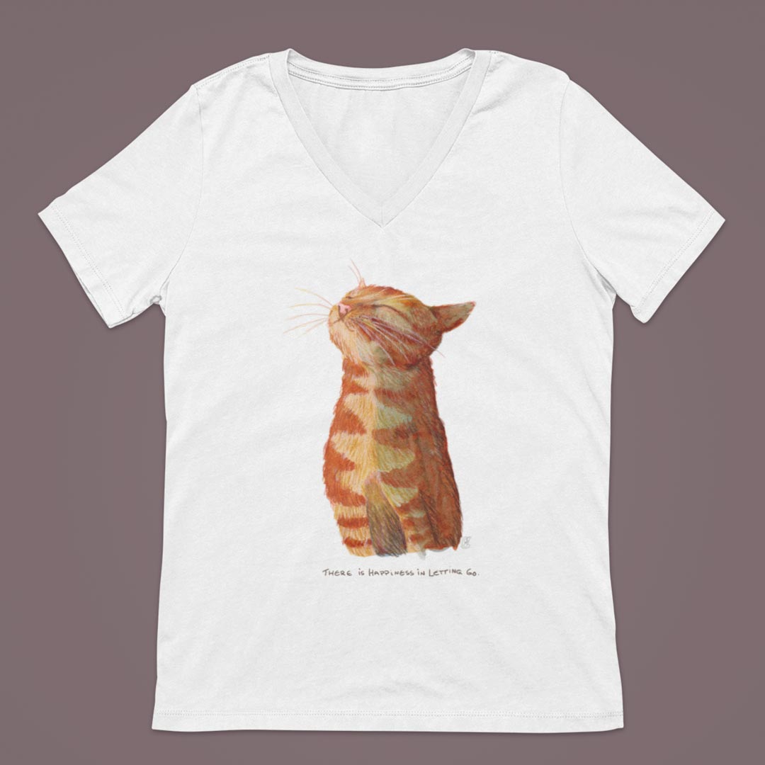 Happy Cat T-Shirt | Glückliche Katze mit Spruch zum Thema Loslassen | V-Ausschnitt | Damen