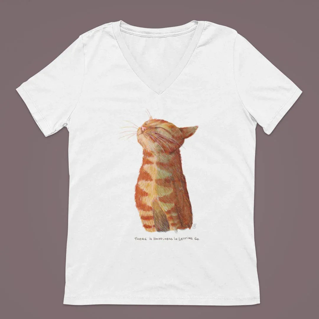 Happy Cat T-Shirt | Glückliche Katze mit Spruch zum Thema Loslassen | V-Ausschnitt | Damen - Carasusan