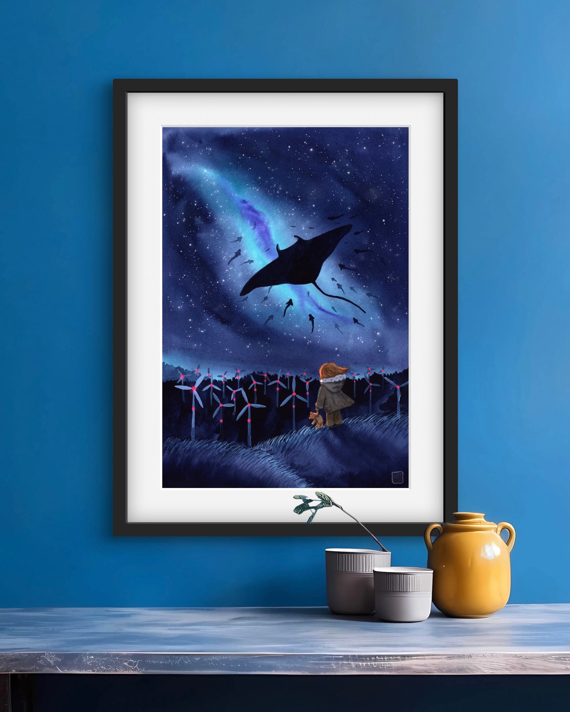 High-quality art print "Migration" on textured watercolor paper, hand-signed and available in various sizes. The artwork features manta rays gliding through a starry sky and a glowing galaxy, painted in soft shades of blue. A dreamy piece of ocean art celebrating marine animals and the beauty of the cosmos.