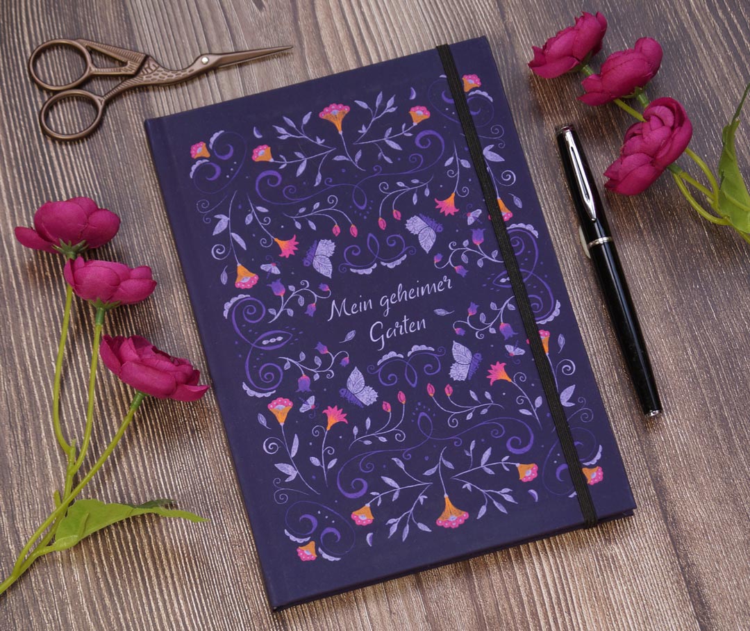 Journal Notizbuch mit Boho Folklore Blumenmuster in violett - für Bullet journaling, Tagebuch, Scrapbook