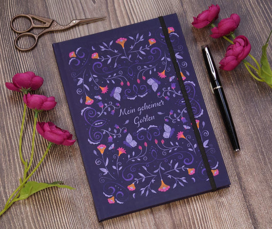 Journal Notizbuch mit Boho Folklore Blumenmuster in violett - für Bullet journaling, Tagebuch, Scrapbook