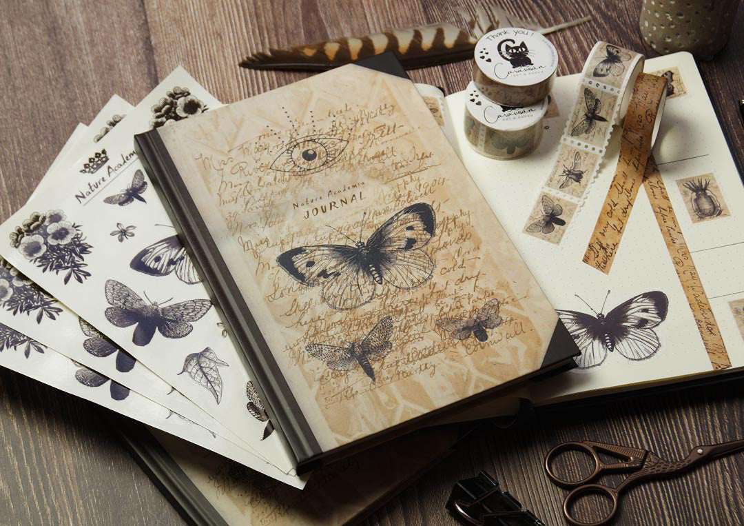 Dark Academia Journal Set | Dot Grid Notebook, sticker sheets and washi tapes