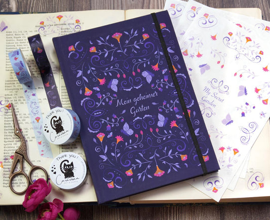 Journaling Set Romantische Blüten violett | Notizbuch mit Punktraster, 3 Stickerbogen, 2x Washi Tape | Boho Folklore Cottagecore Tagebuch