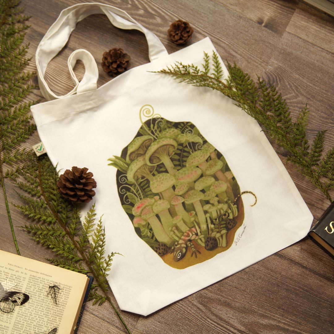 Tote Bag - Stoffbeutel bedruckt - Pilze und Salamander - nachhaltige Tasche aus Bio-Baumwolle - 33x42 cm - G