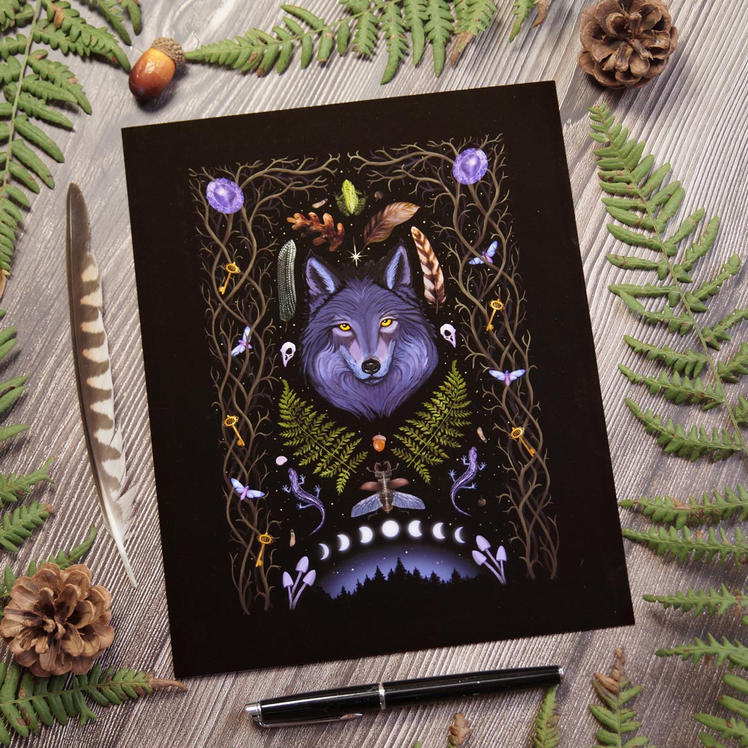 Art Print Lunar Wolf Spirit Animal - customizable birthday gift - shamanic astrology animal sign