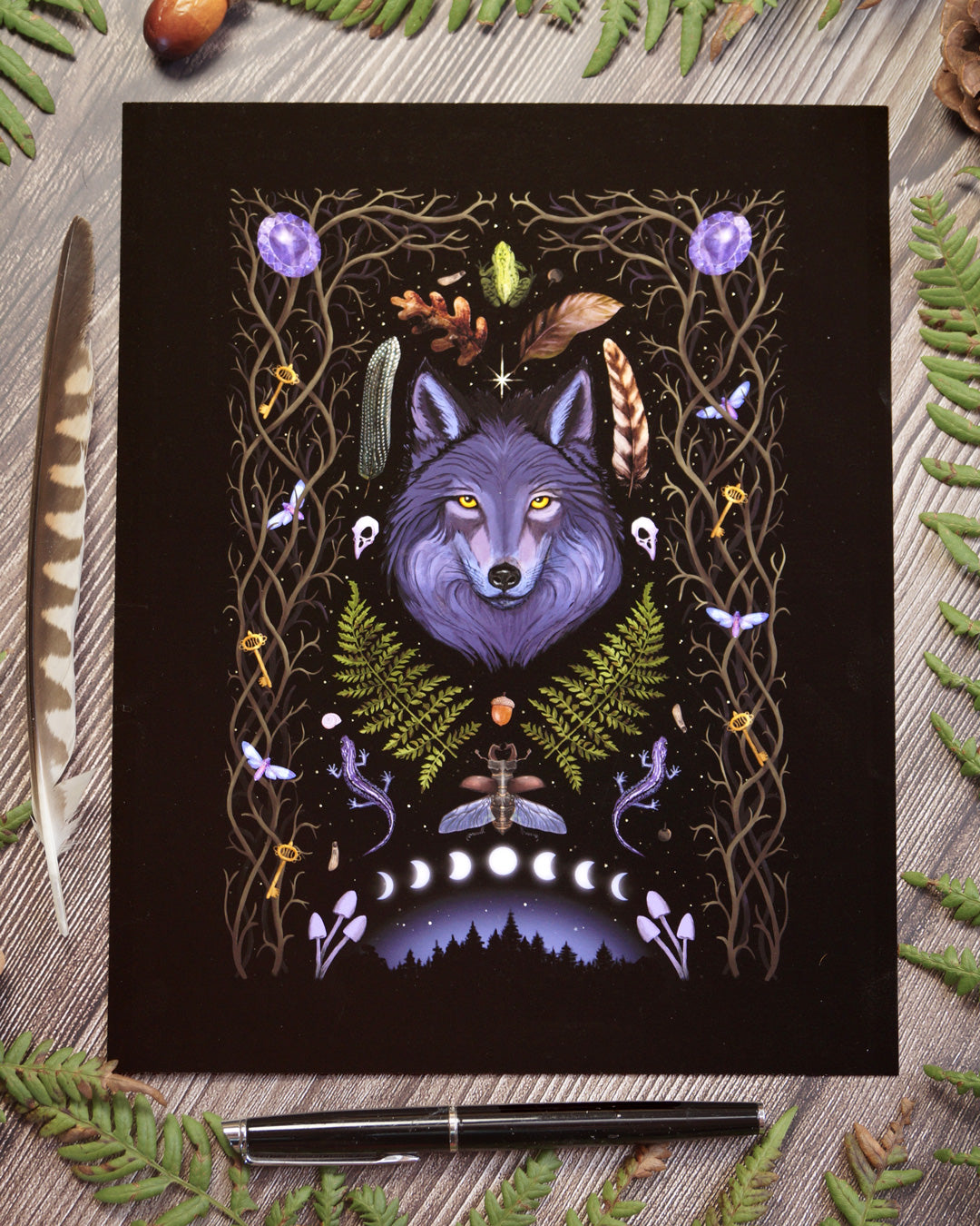 Art Print Lunar Wolf Spirit Animal - customizable birthday gift - shamanic astrology animal sign