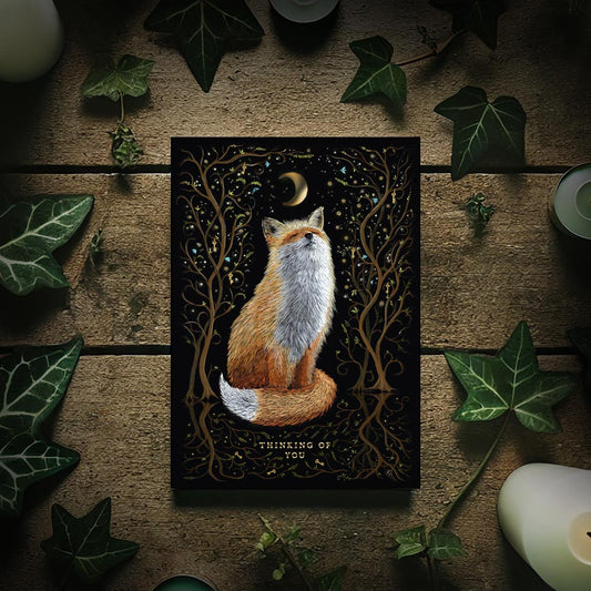 Postkarte Fuchs "Thinking of you" | Liebesgrüße mit Witchy Vibes | Goldfoliendruck