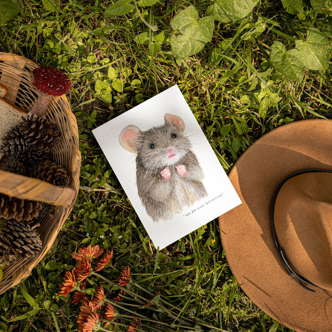 Postkarte mit niedlicher Maus und Spruch 'Ich bin eine Optimistin!' | Aquarell | DinA6