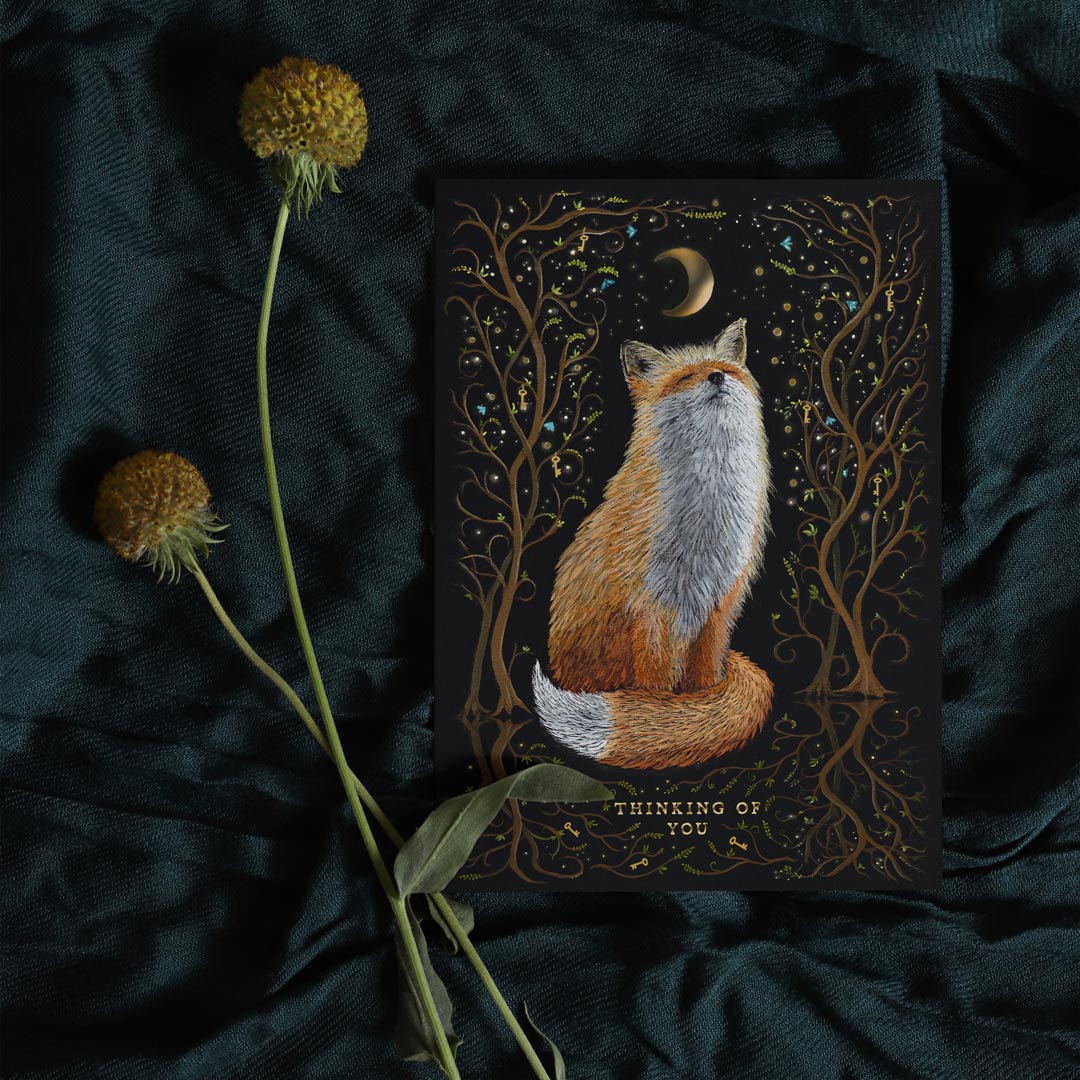 Postkarte Fuchs "Thinking of you" | Liebesgrüße mit Witchy Vibes | Goldfoliendruck