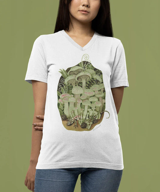 T-Shirt Pilze und Salamander | V-Ausschnitt | weiß | 100% Baumwolle | Damen | Mädchen - Carasusan