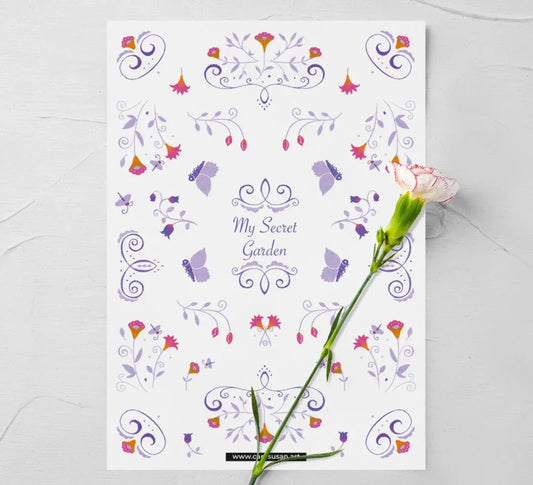 Transparent floral sticker sheet with hand-painted purple flower borders and botanical illustrations on a neutral background from the My Secret Garden collection.