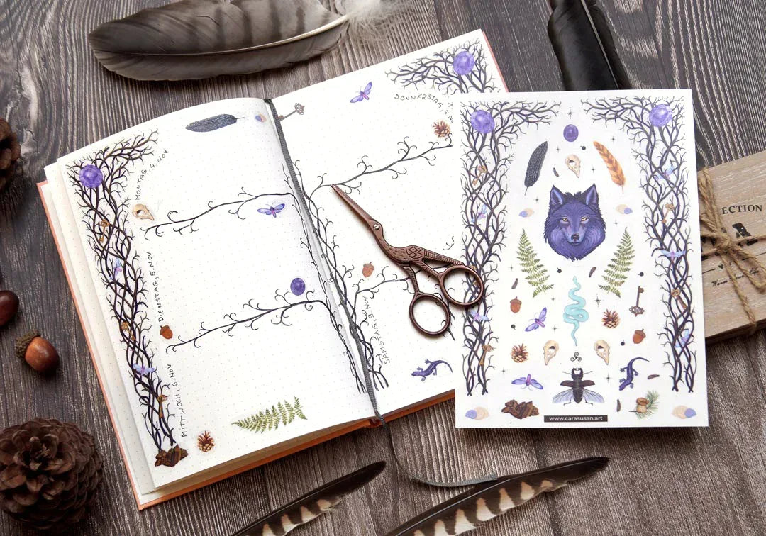 Witchy Journaling-Set "Waldmagie" | Notizbuch Din A5 mit passenden Stickern und Stamp Washi Tape - Carasusan