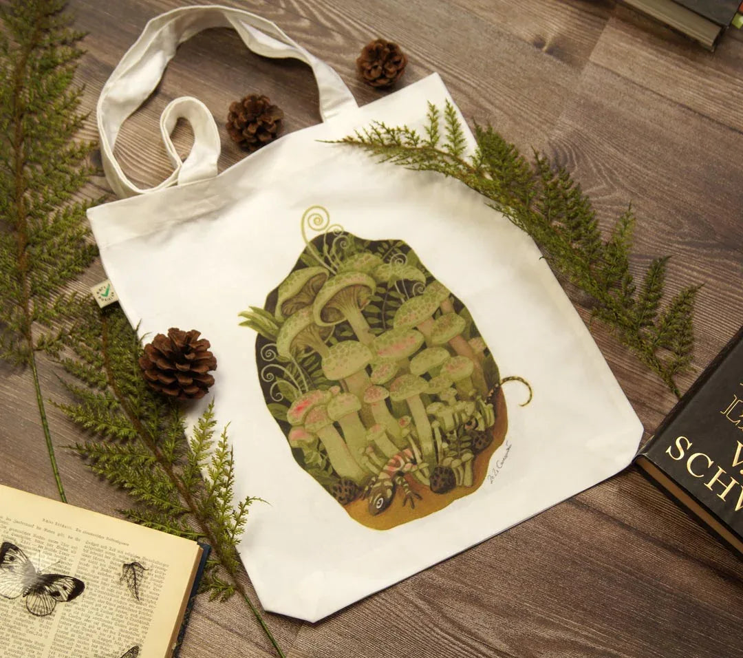 Tote Bag - Stoffbeutel bedruckt - Pilze und Salamander - nachhaltige Tasche aus Bio-Baumwolle - 33x42 cm - G - Carasusan