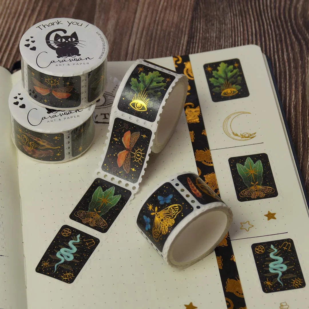 Washi Tape Stamps Magic Forest mit Gold | Witchy Wald | magische Symbole | ca. 150 Aufkleber für Journaling, Scrapbook und Deko | 10 Motive - Carasusan