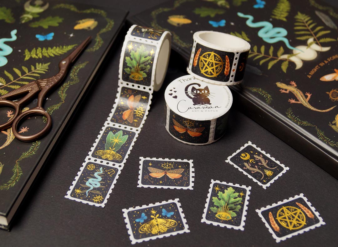 Witchy Stamp Washi Tape with gold foil print - magical symbols, forest findings, woodland cretaures - 150 stickers with 10 different designs