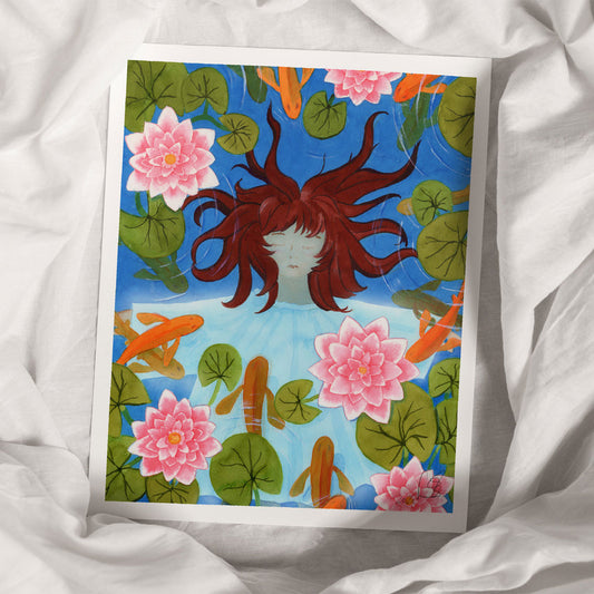 Art print - Little Girl in Lily Pond - 26x30cm - Watercolor painting - Boho style