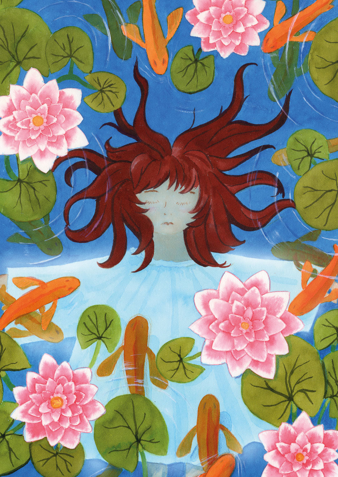Aquarell - Mädchen im Seerosenteich - 26x30cm - Kunstdruck auf Aquarellpapier - Boho Stil