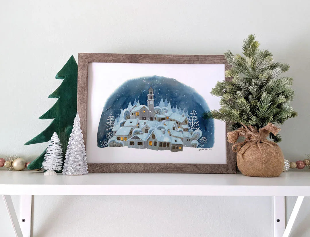Winterliches Aquarell 'Dorf im Schnee' | Fine Art Print Weihnachtsdorf | 41x28 cm - Carasusan