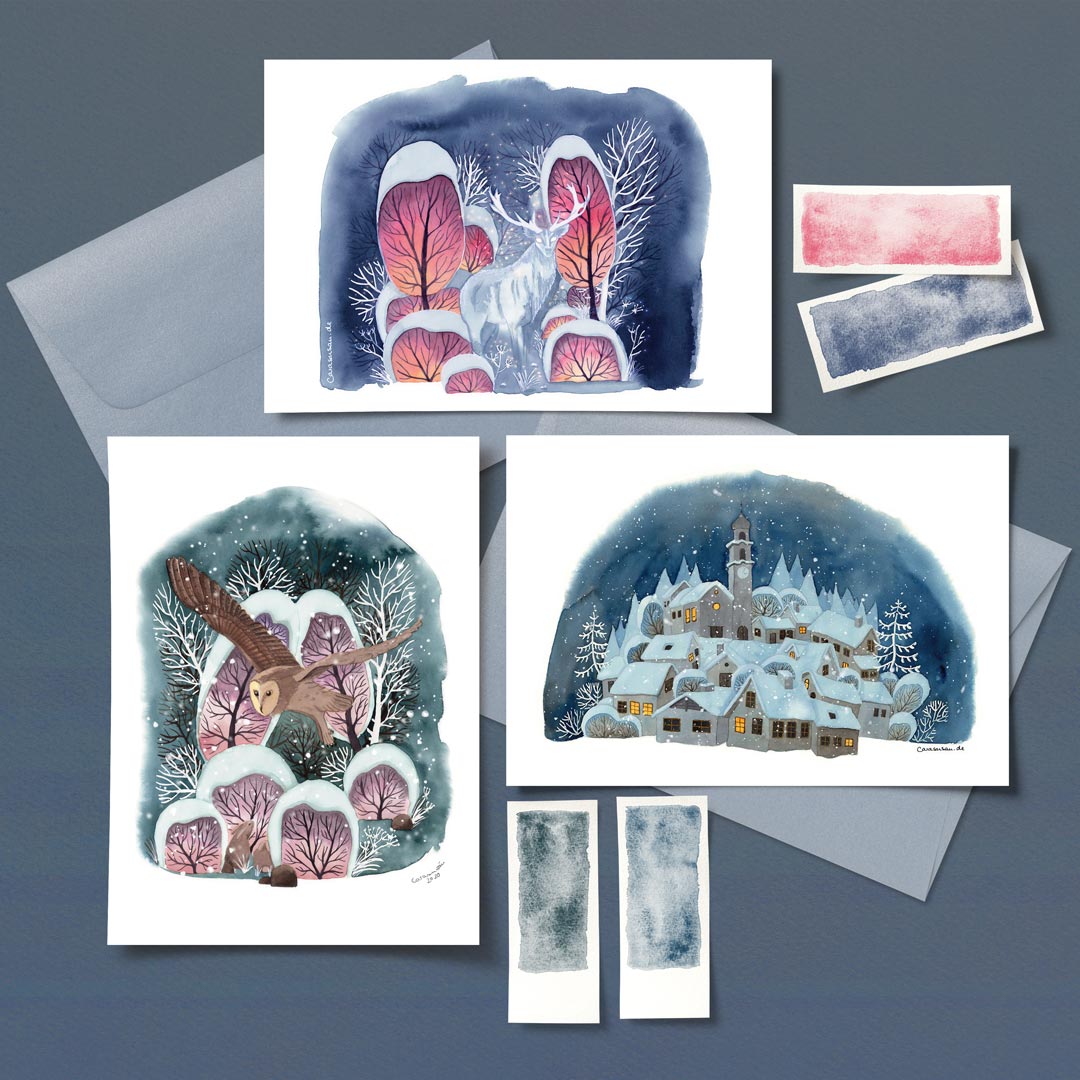 Wintermärchen Postkarten-Set mit drei Aquarellmotiven – weißer Hirsch, Schleiereule und verschneites Dorf – mit Umschlägen und Aquarell-Farbmustern