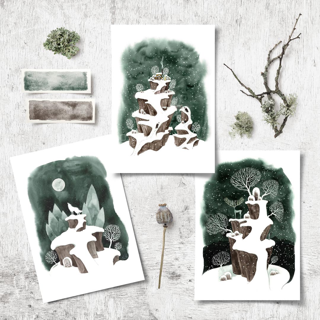 Postkarten-Set Magische Winterlandschaften | Aquarellmotive | Din A6