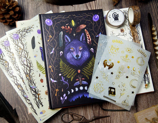 Journaling Set Hexenwald mit Wolf auf dem Cover, Stickerbogen, Washi-Sticker und Washi-Tape mit Witchy Vibes, Gothic Stil