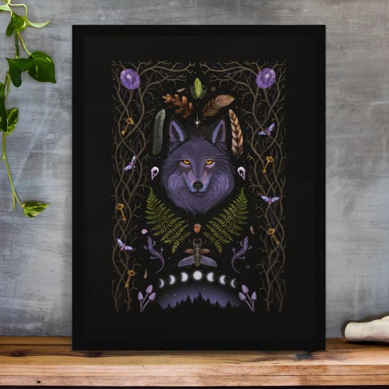 Art Print Lunar Wolf Spirit Animal - customizable birthday gift - shamanic astrology animal sign