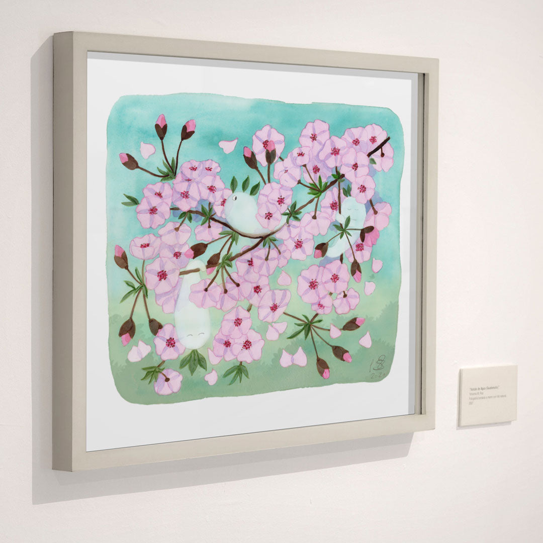 Fine art print of a watercolor painting with soft pink cherry blossoms and cute Japanese tree spirits (Kodama), in gentle spring colors. High-quality Giclée print on textured paper with white border – perfect for nursery decor or as a baby gift.