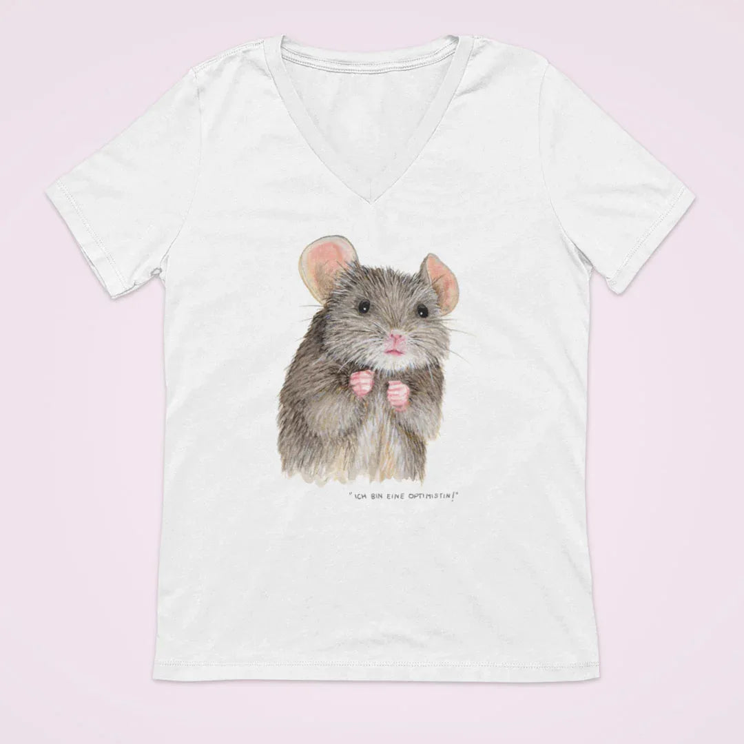 T-Shirt mit niedlicher Mäuse-Dame 'Ich bin eine Optimistin!' | V-Ausschnitt | weiß | 100% Baumwolle | Damen | Mädchen - Carasusan