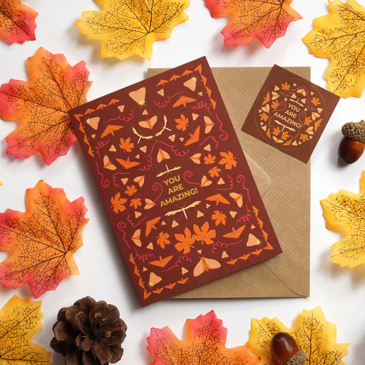 Autumn greeting card with gold print - set with envelope and postal seal