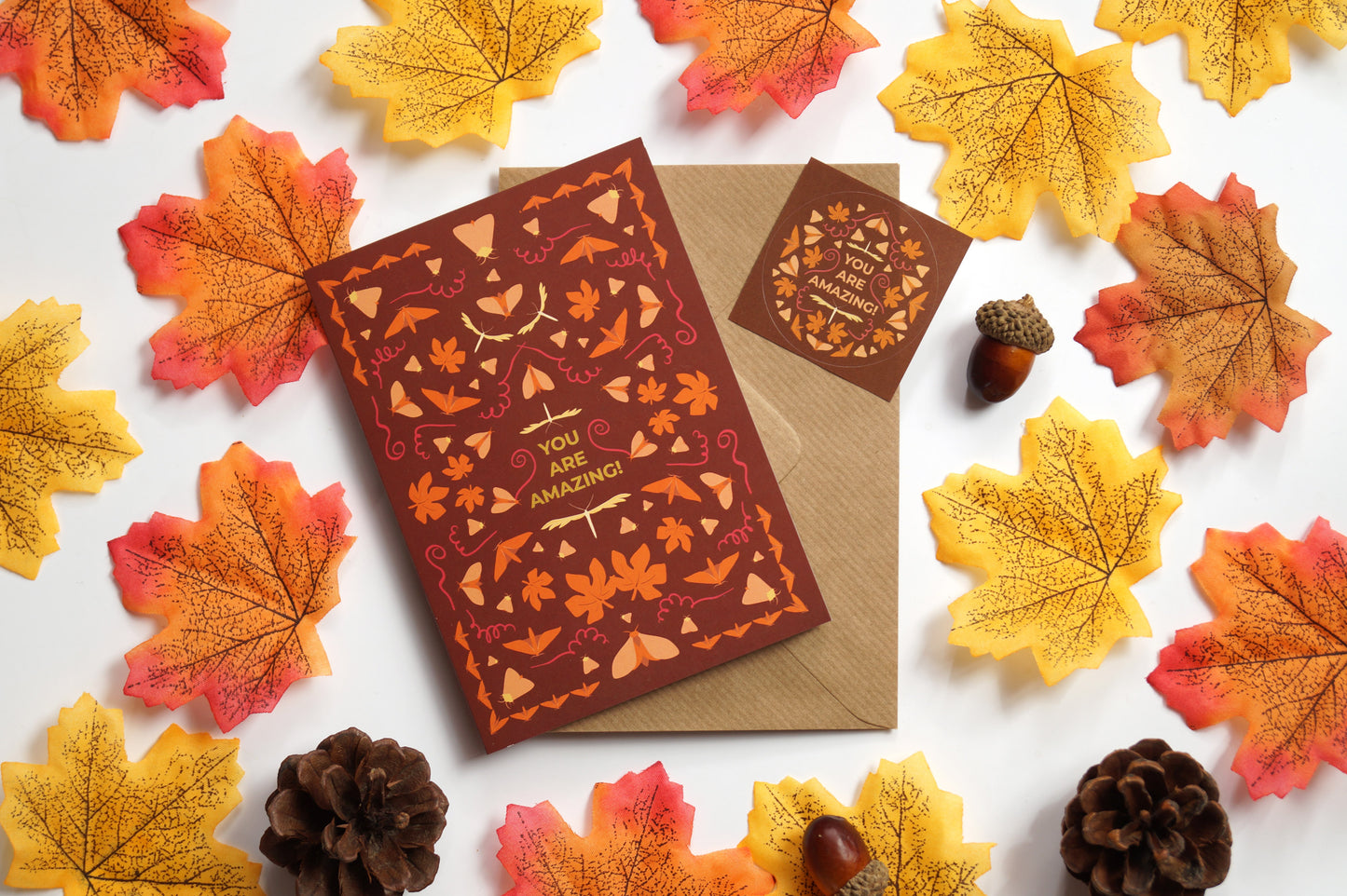 Autumn greeting card with gold print - set with envelope and postal seal