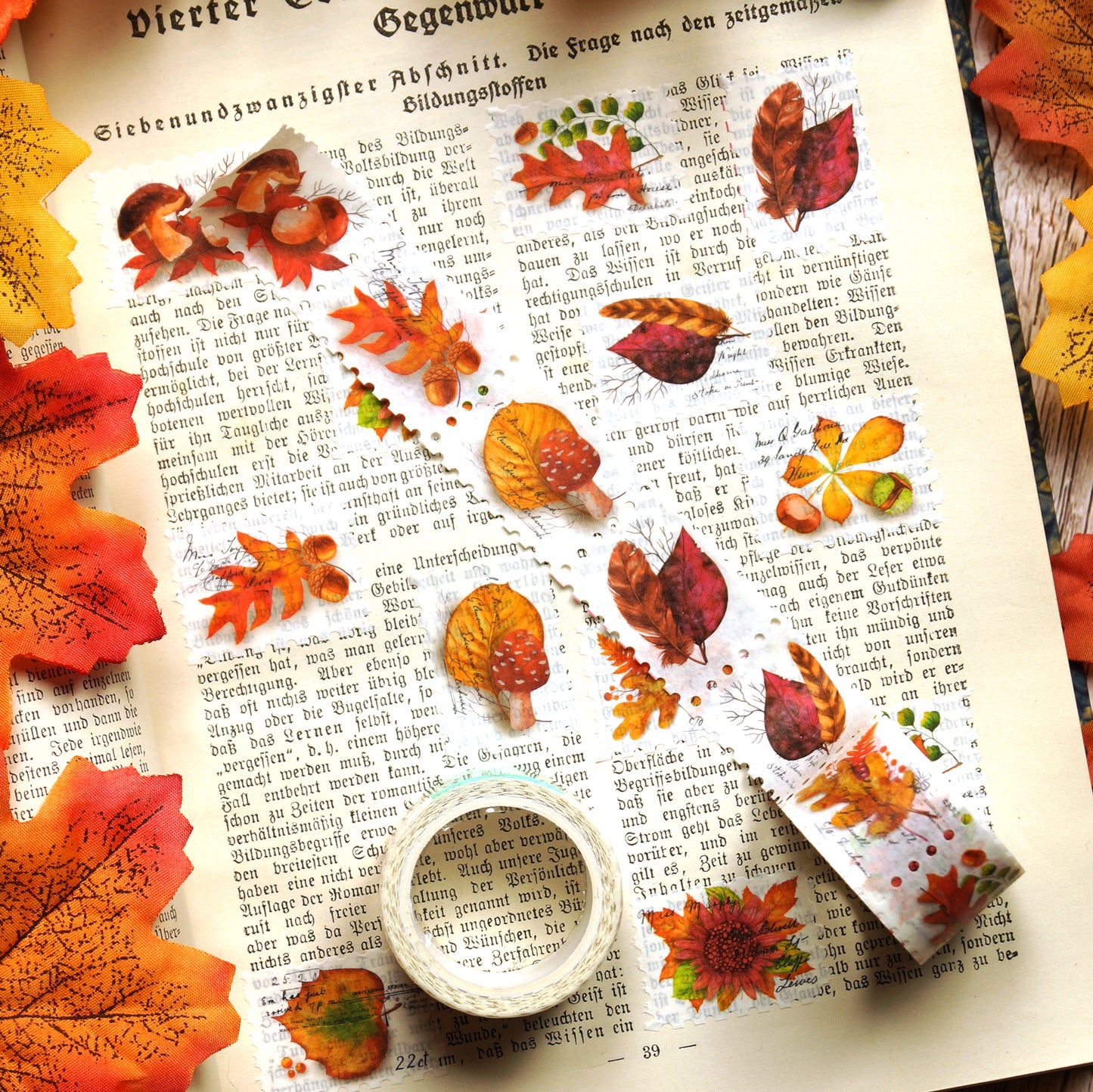 Journaling Set Herbst | Notizbuch mit Punktraster, Washi Tape und passende Sticker Herbstlaub und Nachtfalter | Boho