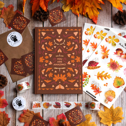 Autumn Journaling Set | Notebook with dot grid, washi tape and matching stickers | Autumn leaves and moth design | Boho style