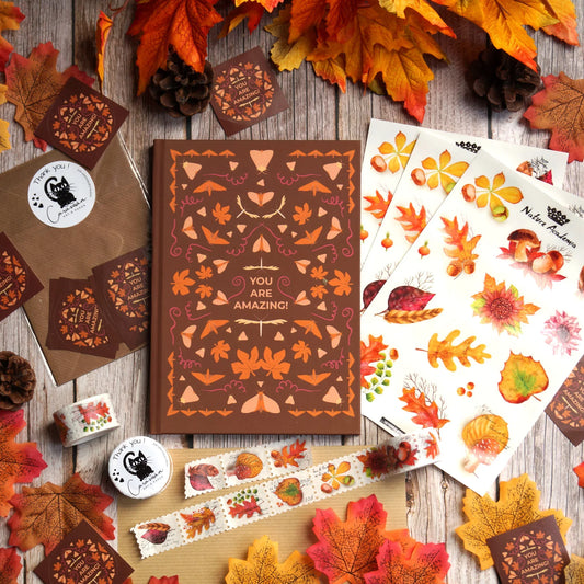 Journaling Set Herbst | Notizbuch mit Punktraster, Washi Tape und passende Sticker Herbstlaub und Nachtfalter | Boho - Carasusan