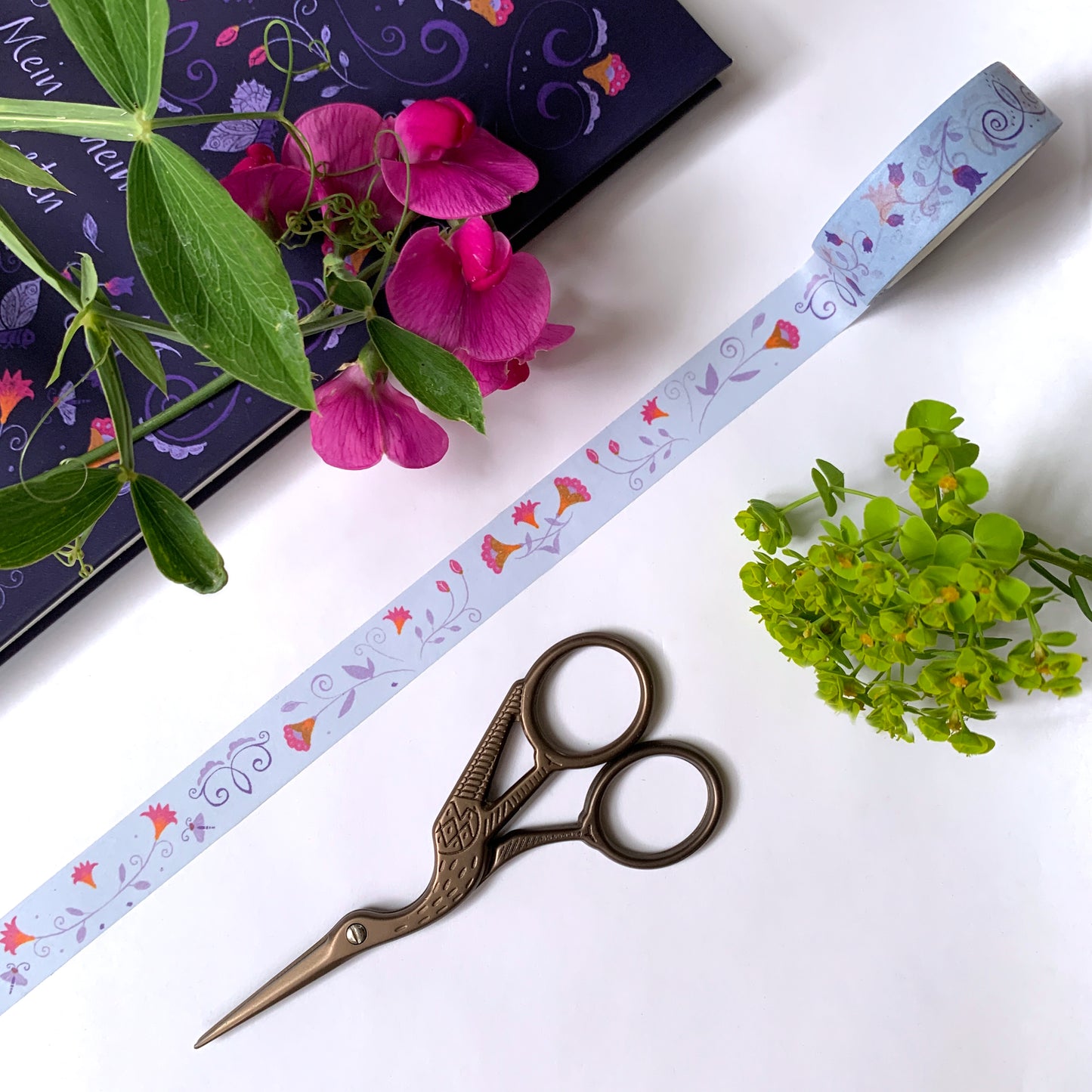 Washi-Tape mit Blumenmuster - Folklore hellblau - 10mx15mm