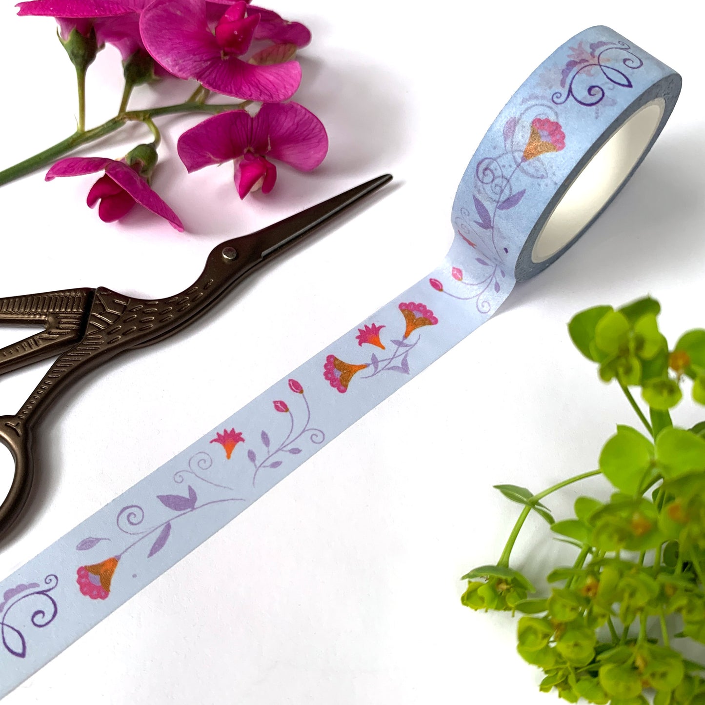 Washi-Tape mit Blumenmuster - Folklore hellblau - 10mx15mm