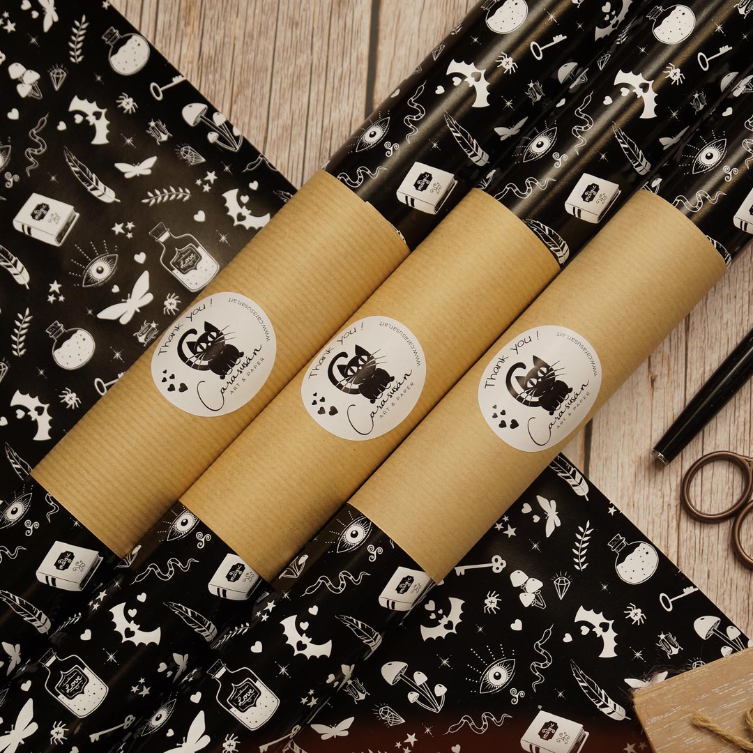 Witchy Geschenkpapier schwarz - Halloween - Witchy Wrapping paper black - magische Symbole - magic Symbols - Geschenkdeko