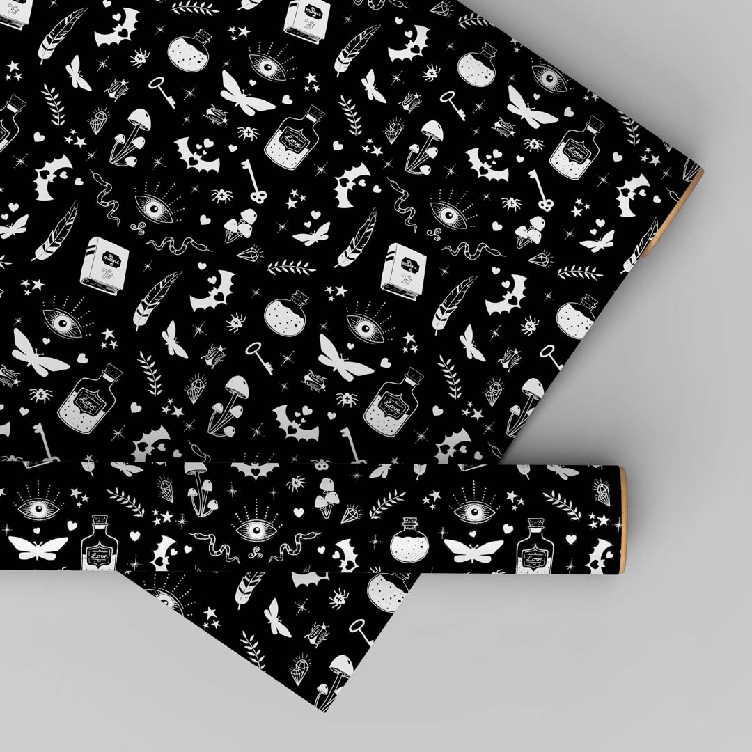 Witchy Geschenkpapier schwarz - Halloween - Witchy Wrapping paper black - magische Symbole - magic Symbols - Geschenkdeko