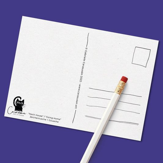 Backside of a fantasy art postcard with address lines, space for a stamp and the artist’s small cat logo printed in the corner on textured cardstock.