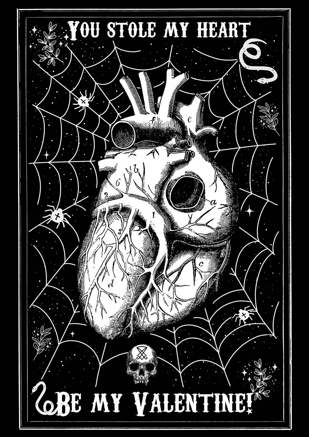 A gothic-style Valentine’s Day postcard with a black background featuring a detailed anatomical heart entangled in a spider web, surrounded by small skulls, stars, and eerie elements. The text reads 'You Stole My Heart' at the top and 'Be My Valentine?' at the bottom in a vintage-style font.