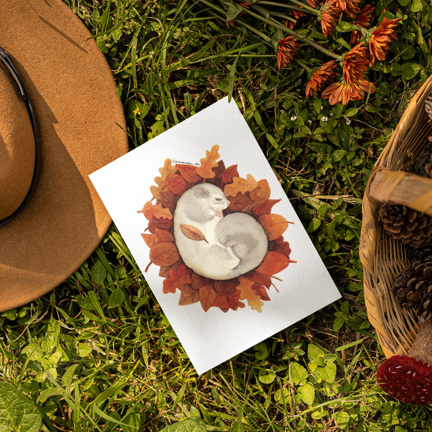 Herbstliche Postkarte 'Niedlicher Siebenschläfer' Aquarell DinA6