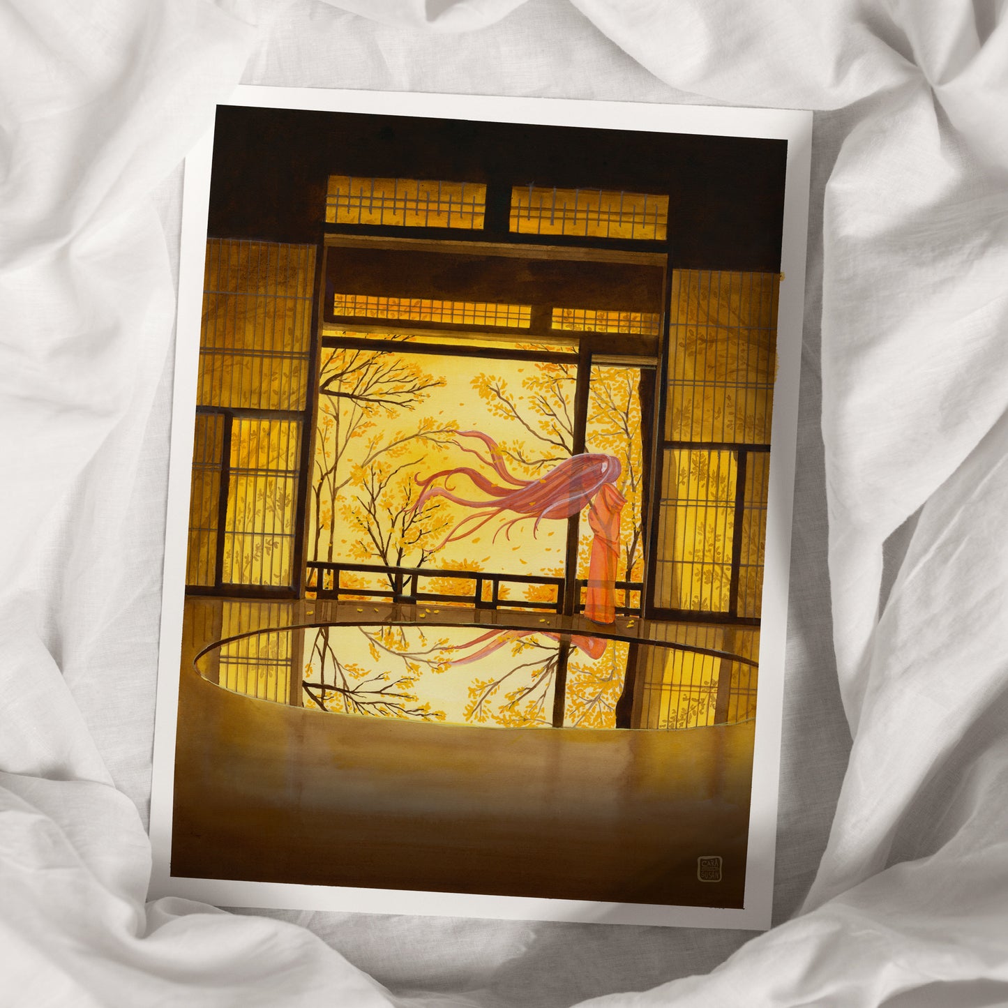 Kunstdruck Herbstwind Aquarell 40x52cm | Wandbild gelb asiatisch | Art Print Herbst |  Boho Stil